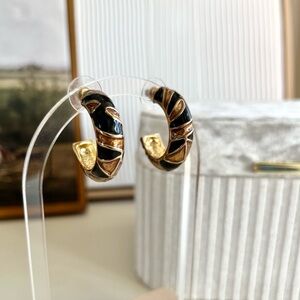 Vintage Art Deco Enamel Black and Gold Hoop Earrings